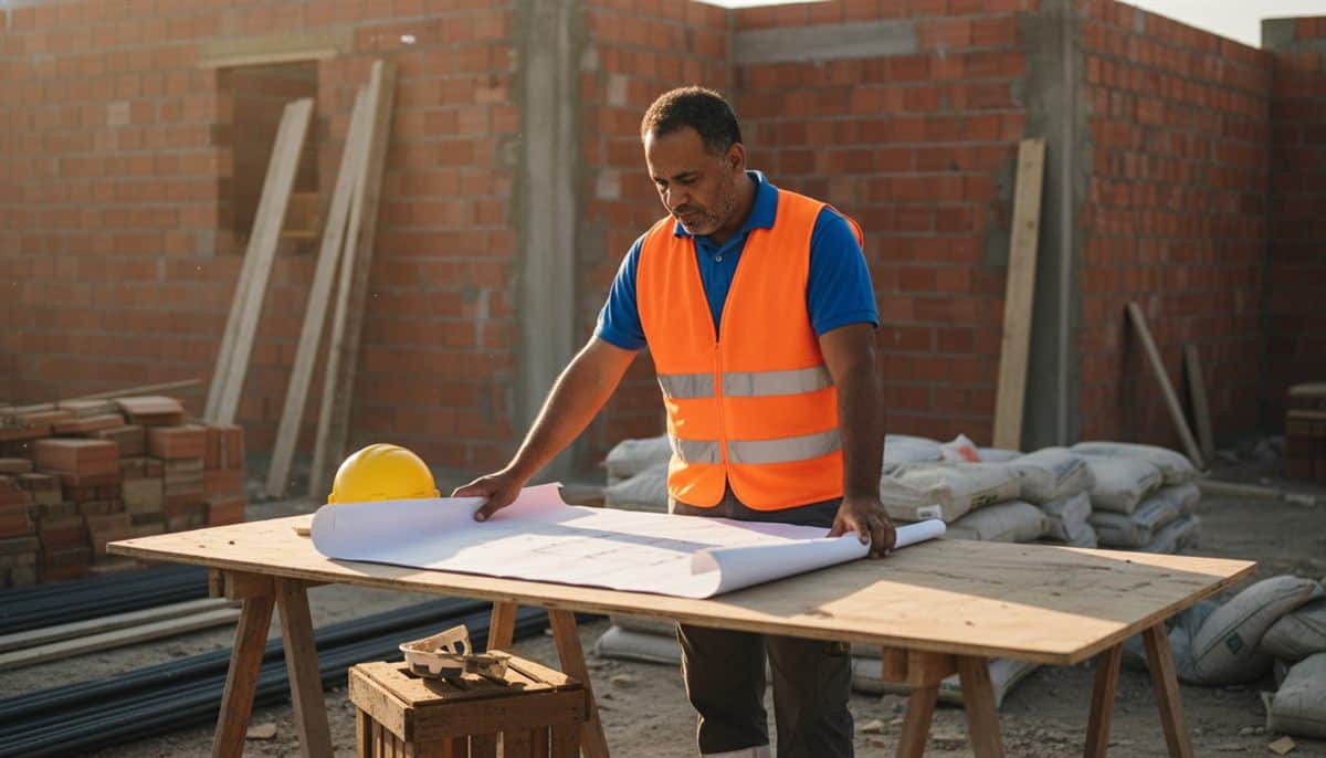 Empreiteiro geral brasileiro revisando planta em canteiro de obra residencial
