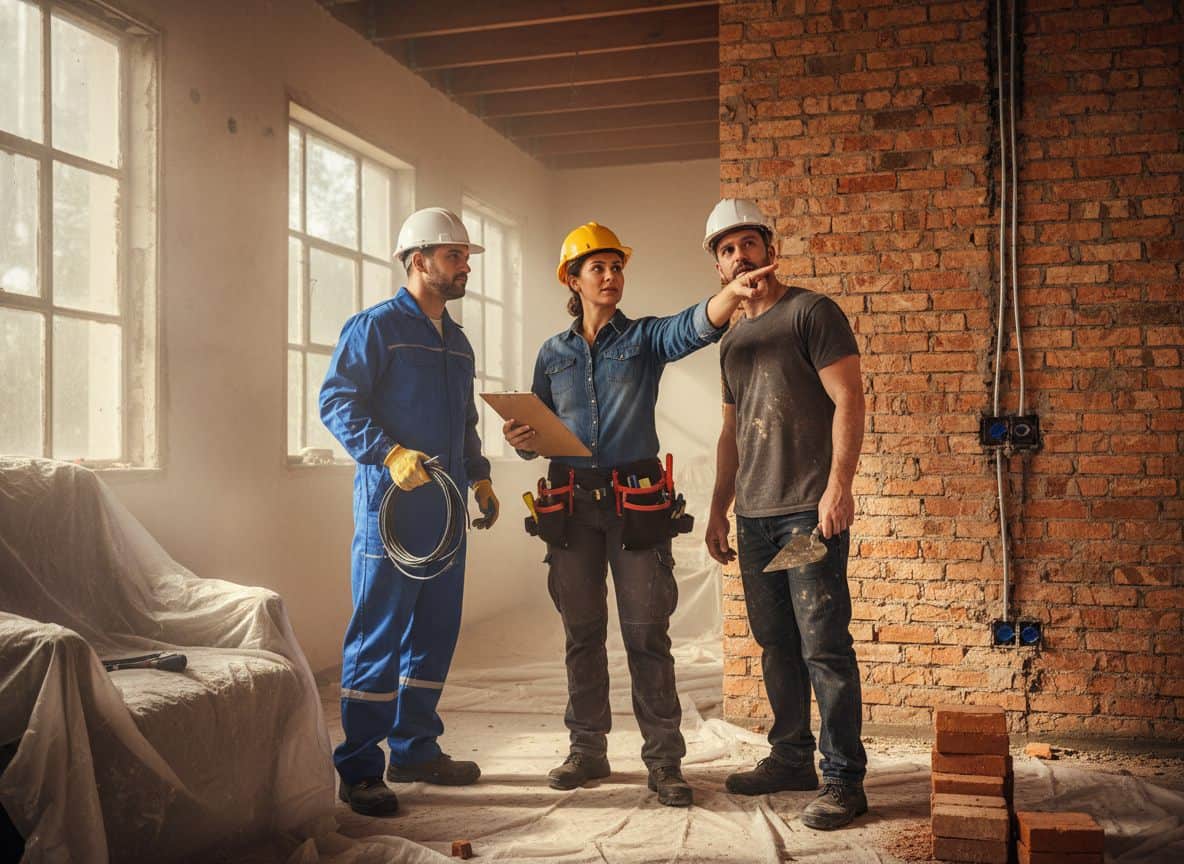 Empreiteira brasileira coordenando subempreiteiros em obra de reforma residencial