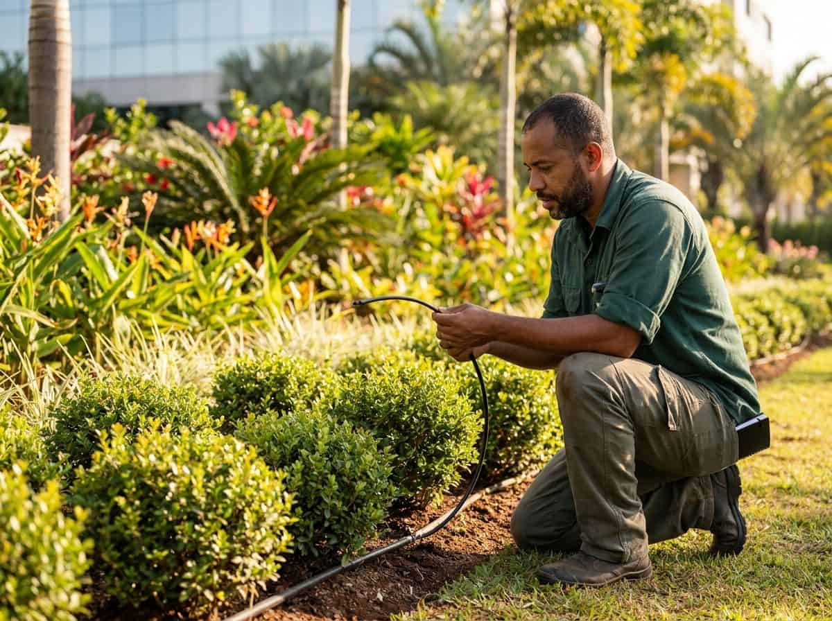 Paisagista verificando sistema de irrigação em canteiro de propriedade comercial