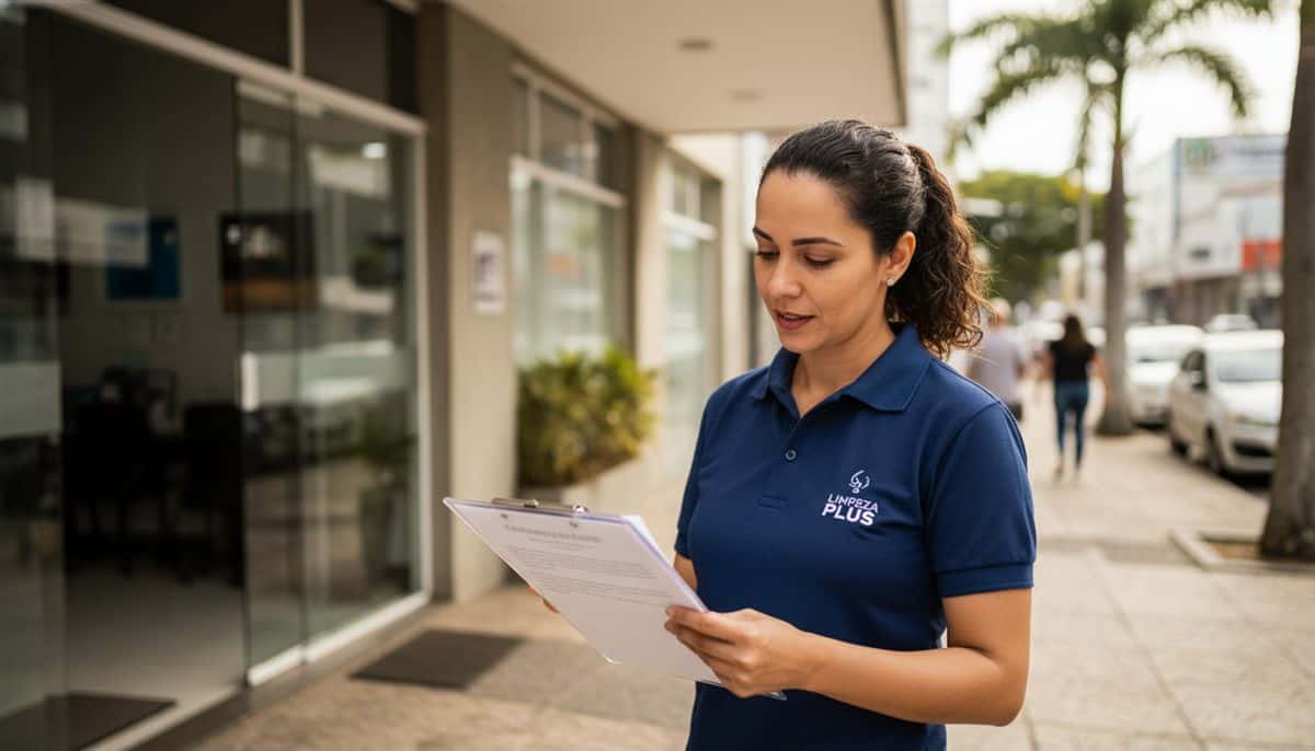 Profissional de limpeza brasileira revisando contrato de serviço com prancheta em frente a prédio comercial