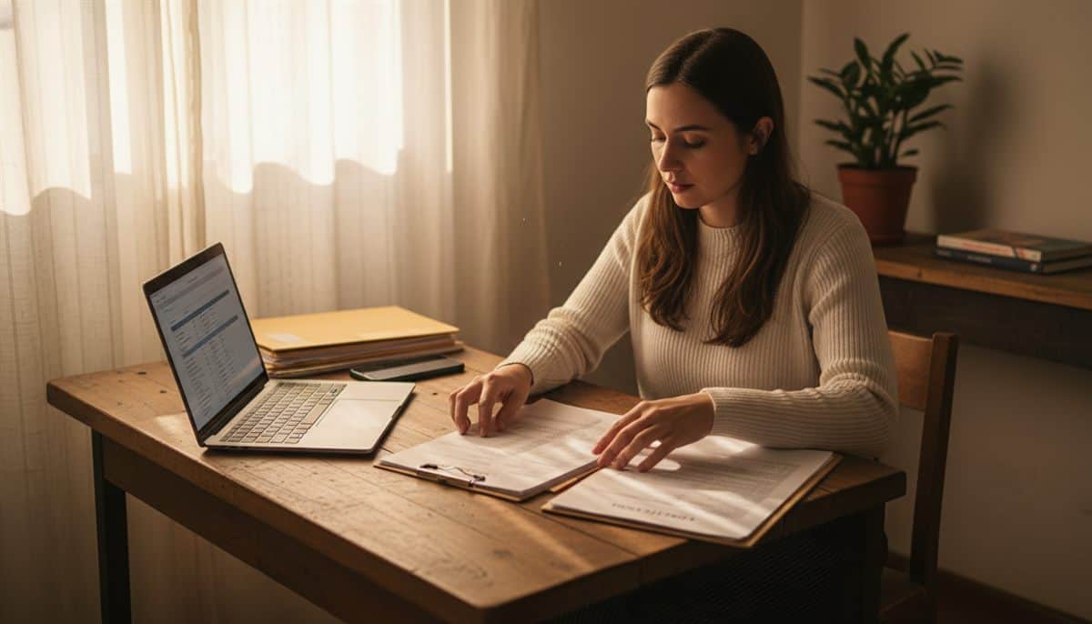Dona de empresa de limpeza organizando documentos de contratos e agenda em escritório simples com laptop
