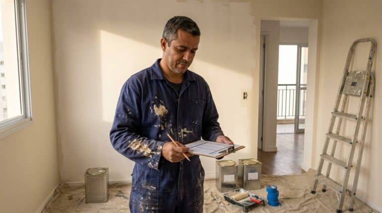 Pintor profissional revisando orçamento com prancheta em apartamento durante obra de pintura
