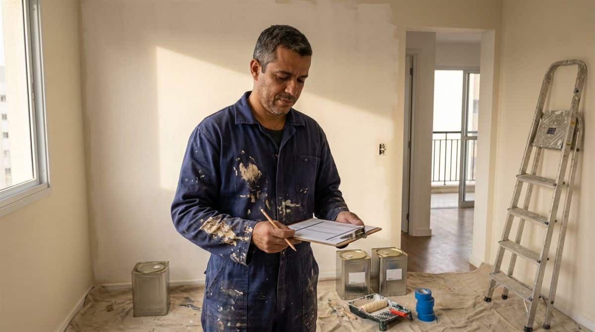 Pintor profissional revisando orçamento com prancheta em apartamento durante obra de pintura