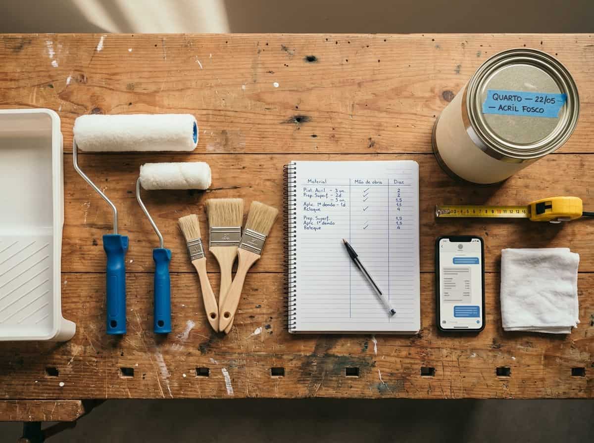 Bancada organizada de pintor com bandeja, rolos, caderno de orçamento e celular vista de cima