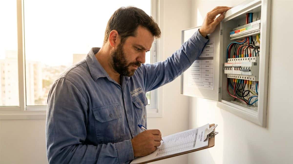 Eletricista brasileiro revisando tabela de precos quanto cobrar servico eletrico residencial em apartamento