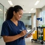 Profissional de limpeza comercial brasileira revisando checklist quanto cobrar limpeza comercial