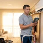 Tecnico HVAC brasileiro verificando ar-condicionado split com manifometro precos manutencao ar-condicionado