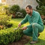 Jardineiro brasileiro podando cerca viva em jardim residencial precos jardinagem paisagismo