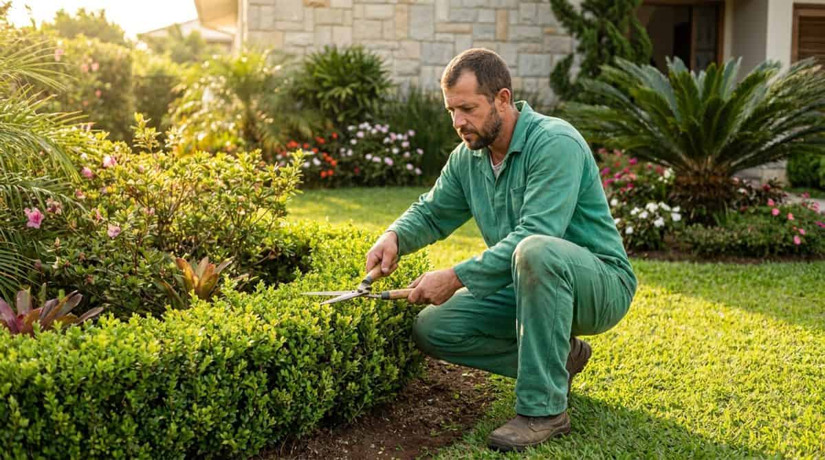 Jardineiro brasileiro podando cerca viva em jardim residencial precos jardinagem paisagismo