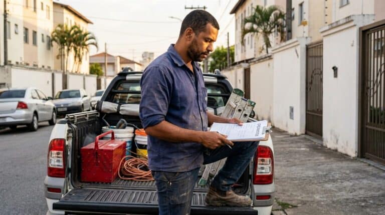 Prestador de serviços independente brasileiro com orçamentos na prancheta junto à pickup de trabalho