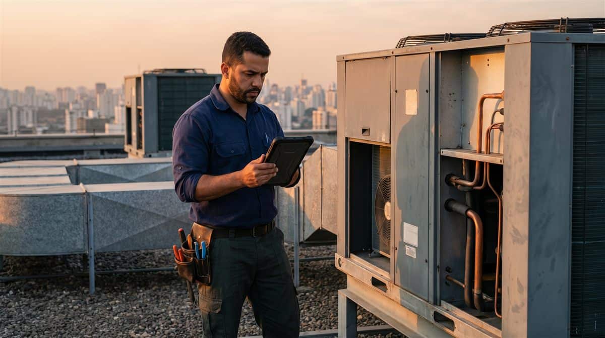 Técnico brasileiro de HVAC comercial conferindo registro de inspeção em tablet ao lado de unidade RTU em rooftop de prédio comercial em São Paulo ao fim da tarde