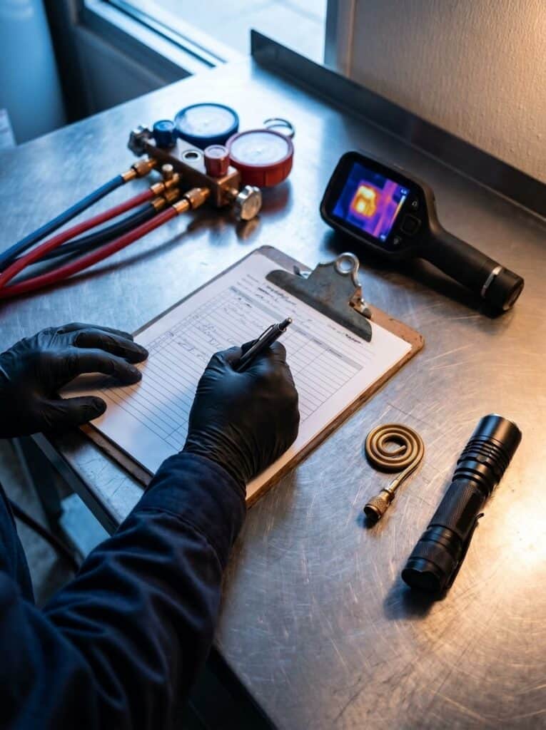 Mãos enluvadas preenchendo formulário de inspeção de manutenção preventiva HVAC em prancheta metálica, com manifold de refrigerante de quatro vias, câmera térmica e chave de válvula de latão sobre bancada de aço