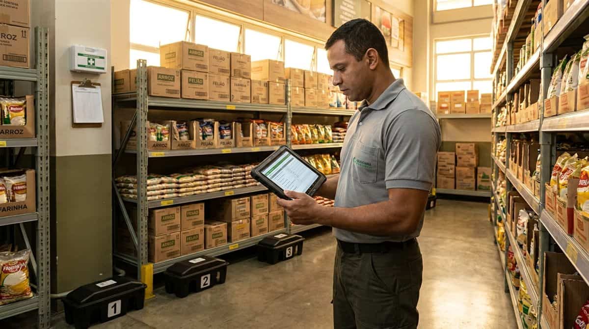 Técnico brasileiro de negócio controle de pragas comercial conferindo registro de inspeção em tablet rugged em back-of-house de food-service, com estação de monitoramento numerada à esquerda