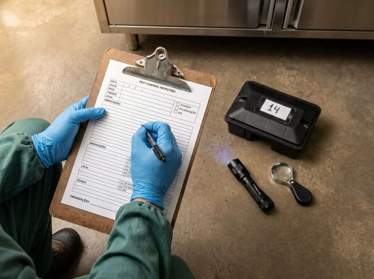 Mãos enluvadas preenchendo ficha de inspeção numerada do negócio controle de pragas, ao lado de estação de monitoramento de roedores numerada em ambiente comercial APPCC