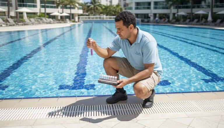 Técnico medindo a química da água de piscina em uma instalação aquática comercial
