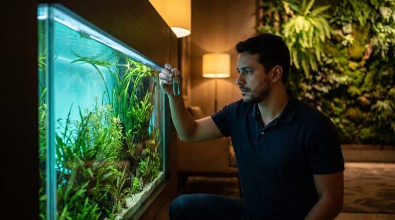 Técnico brasileiro fazendo manutenção de aquário comercial no lobby de um hotel