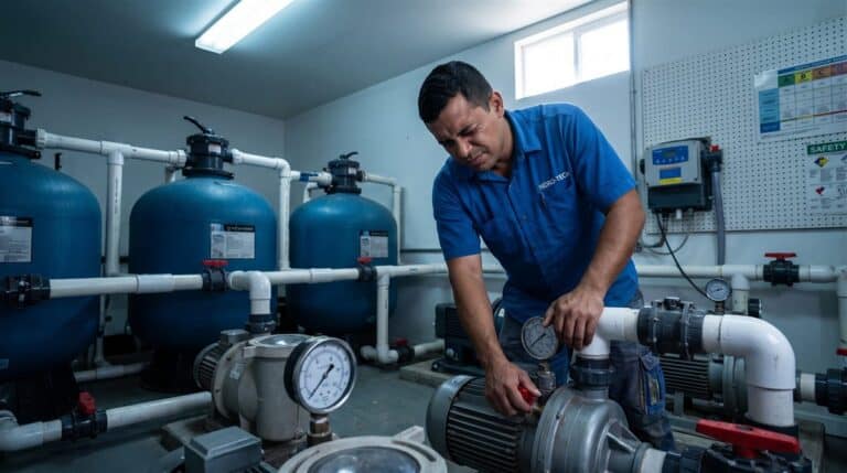 Técnico brasileiro verificando bombas e filtros na casa de máquinas de uma piscina comercial