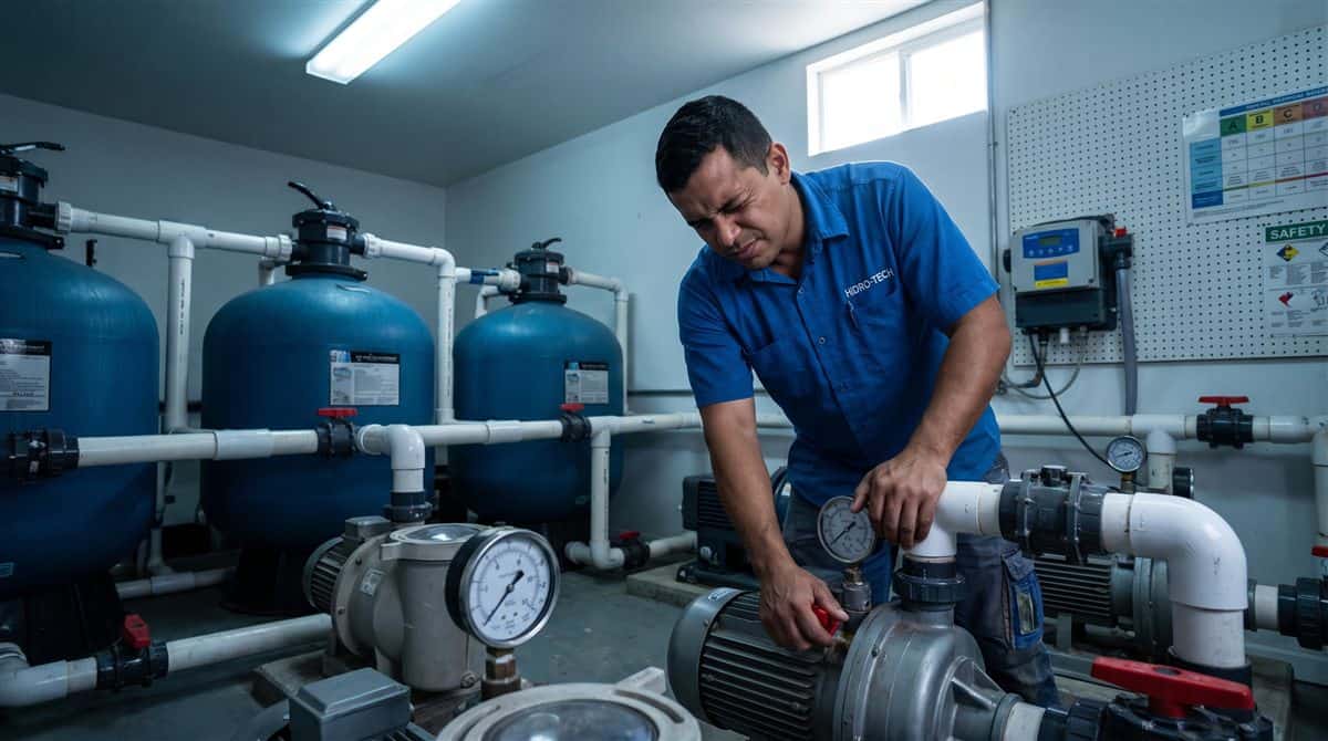 Técnico brasileiro verificando bombas e filtros na casa de máquinas de uma piscina comercial