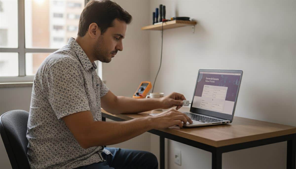 Prestador brasileiro inserindo o token de certificado digital no notebook para acessar o sistema fiscal