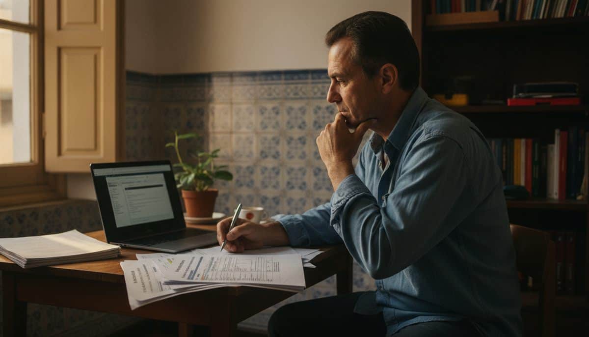 Trabalhador independente português a rever documentos fiscais e o portal das Finanças numa mesa, ao fim da tarde