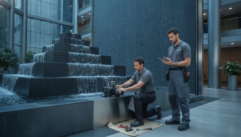 Técnicos realizando a manutenção de uma fonte comercial em um lobby corporativo