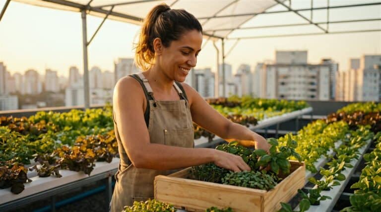Produtor brasileiro colhendo ervas frescas em horta de cultivo para restaurantes