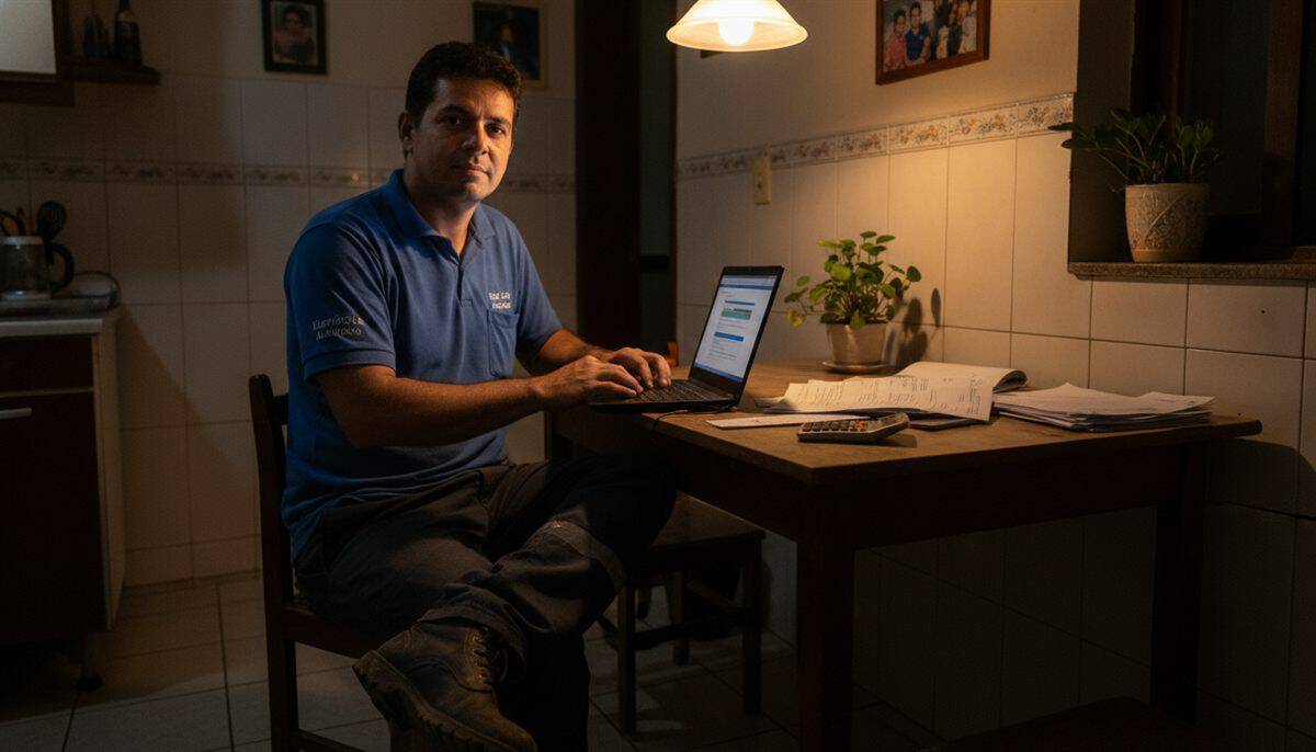 Eletricista MEI brasileiro preenchendo a declaração anual no notebook à noite, com papéis e calculadora na mesa