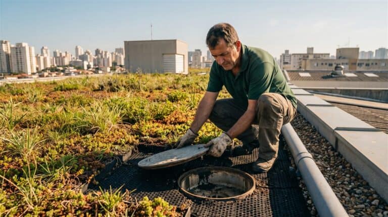 Operador brasileiro inspecionando a drenagem de um telhado verde em cobertura predial