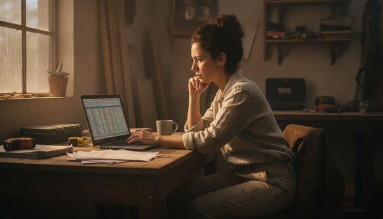 Empreendedora brasileira analisando documentos e planilha no laptop para decidir o enquadramento da empresa