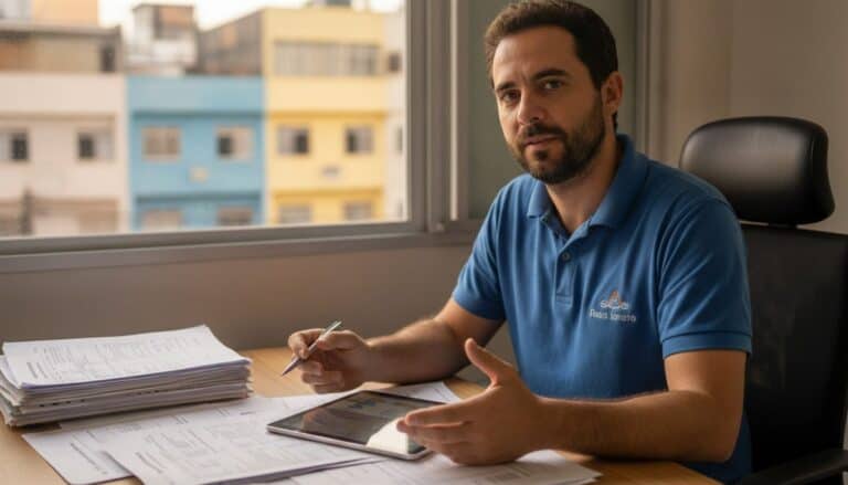 Prestador de serviços brasileiro revisando documentos fiscais e de cadastro com um tablet numa mesa de escritório