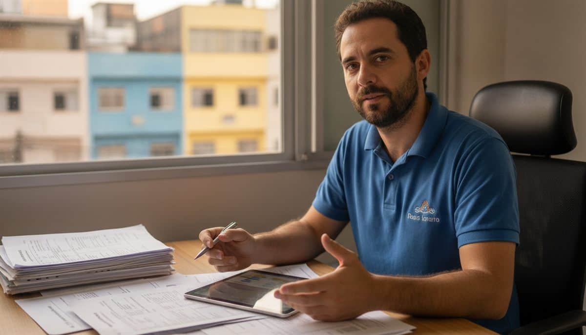 Prestador de serviços brasileiro revisando documentos fiscais e de cadastro com um tablet numa mesa de escritório