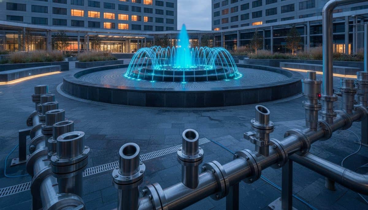 Fonte comercial iluminada ao anoitecer com bombas e tubulação de recalque em primeiro plano
