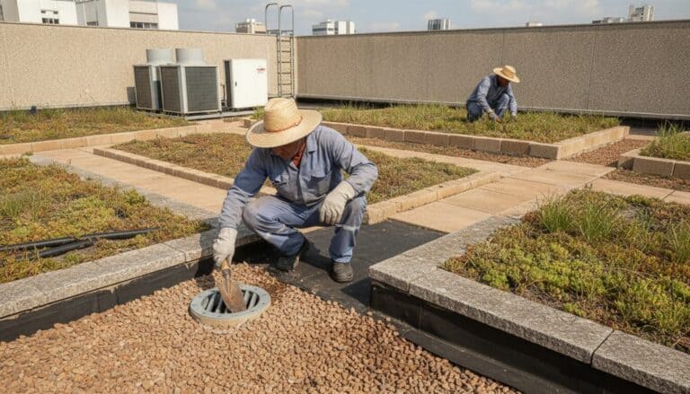 Operador realizando a manutenção de telhado verde em um edifício comercial