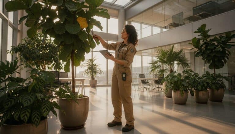 Profissional de paisagismo de interiores cuidando de plantas em um ambiente corporativo