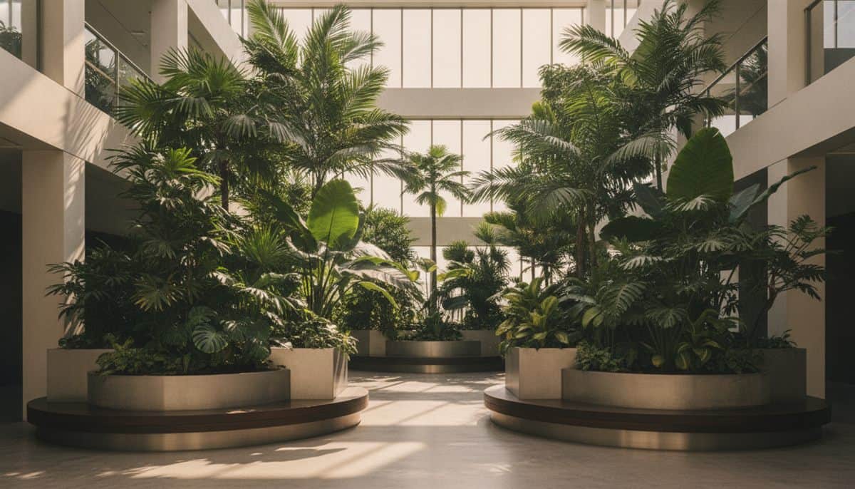 Plantas de interior saudáveis em um lobby corporativo moderno
