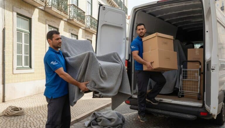 Dois profissionais de mudanças a carregar mobília e caixas para uma carrinha em Lisboa