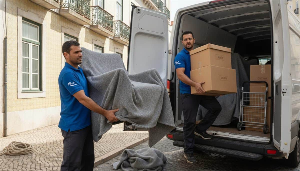 Dois profissionais de mudanças a carregar mobília e caixas para uma carrinha em Lisboa