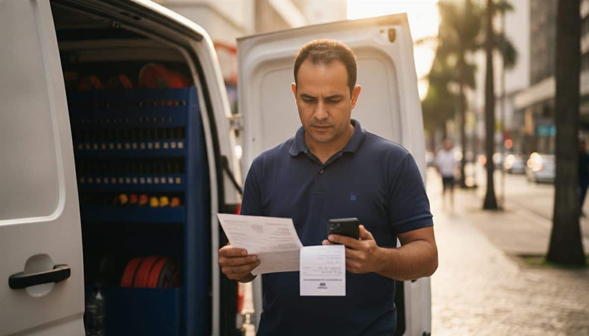 Prestador de serviços confere nota fiscal com o celular na porta da van em São Paulo