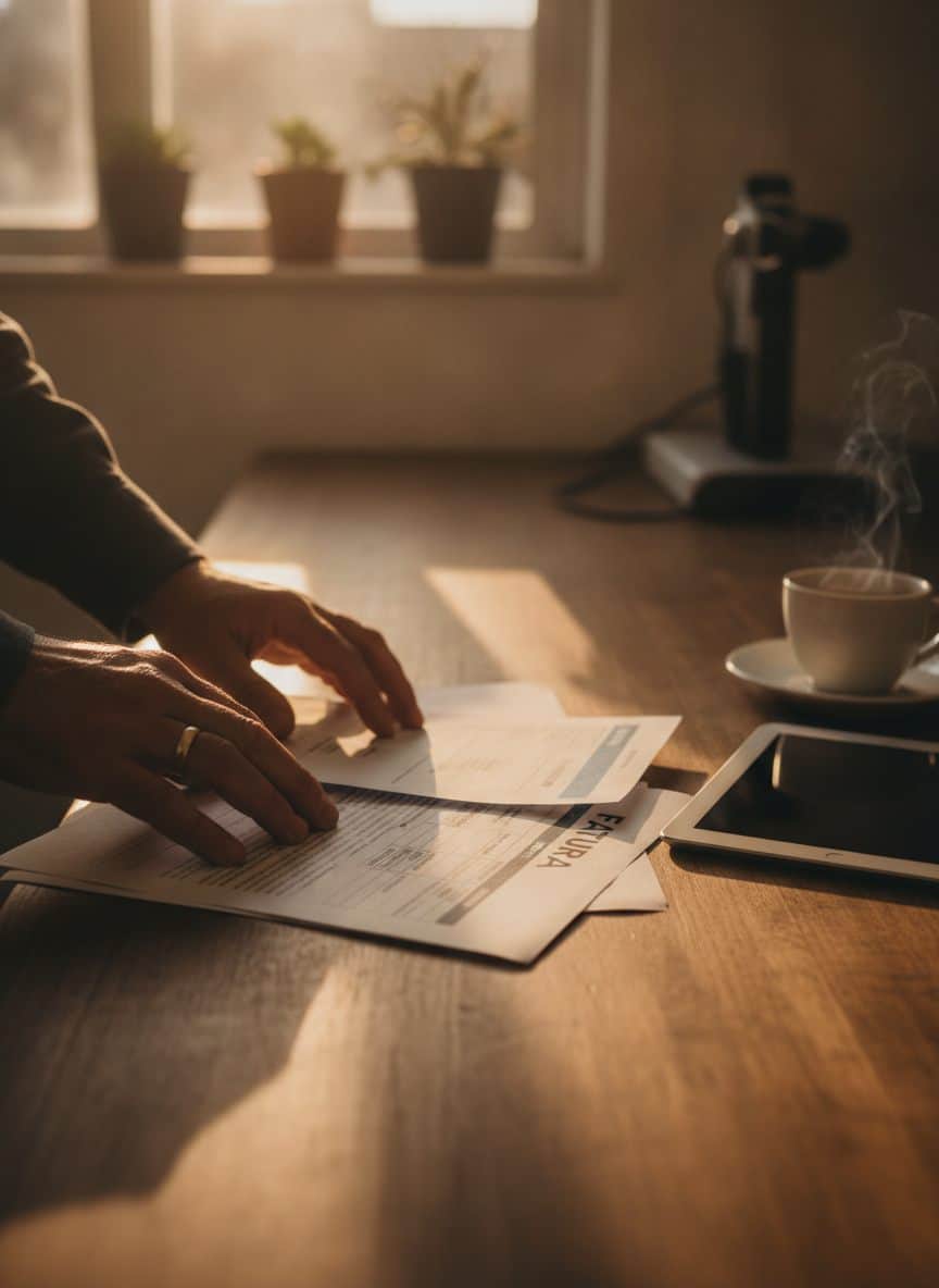 Mãos de prestador de serviços organizando contrato e nota fiscal sobre a bancada