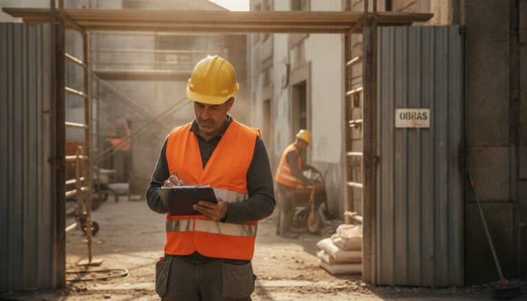 Empreiteiro com colete refletor a rever documentação numa obra de remodelação no Porto
