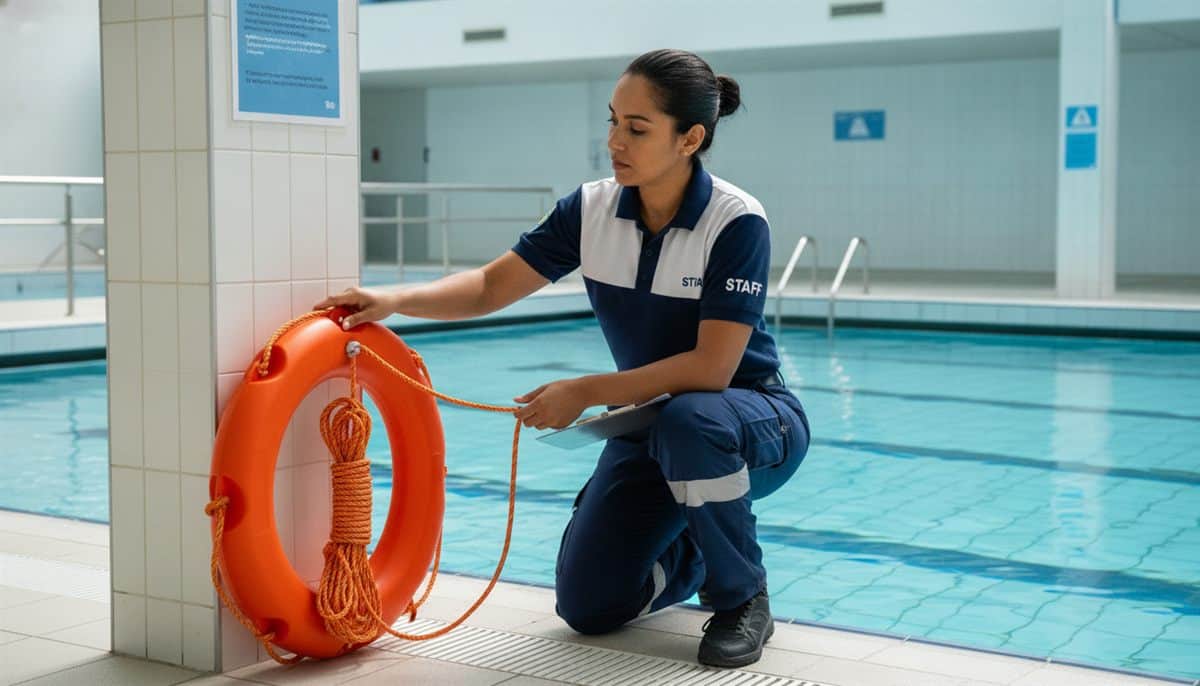Operador verificando itens de segurança em piscinas comerciais durante uma inspeção
