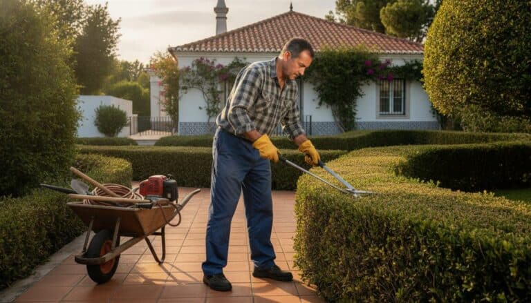 Jardineiro a aparar uma sebe com tesoura profissional no jardim de uma moradia