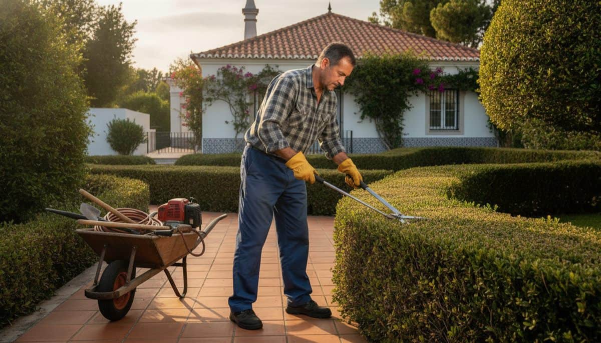 Jardineiro a aparar uma sebe com tesoura profissional no jardim de uma moradia