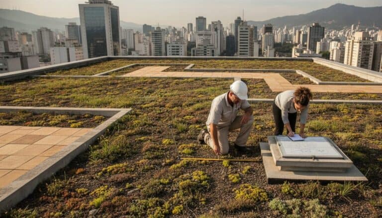 Inspetor avaliando um telhado verde comercial conforme as normas municipais