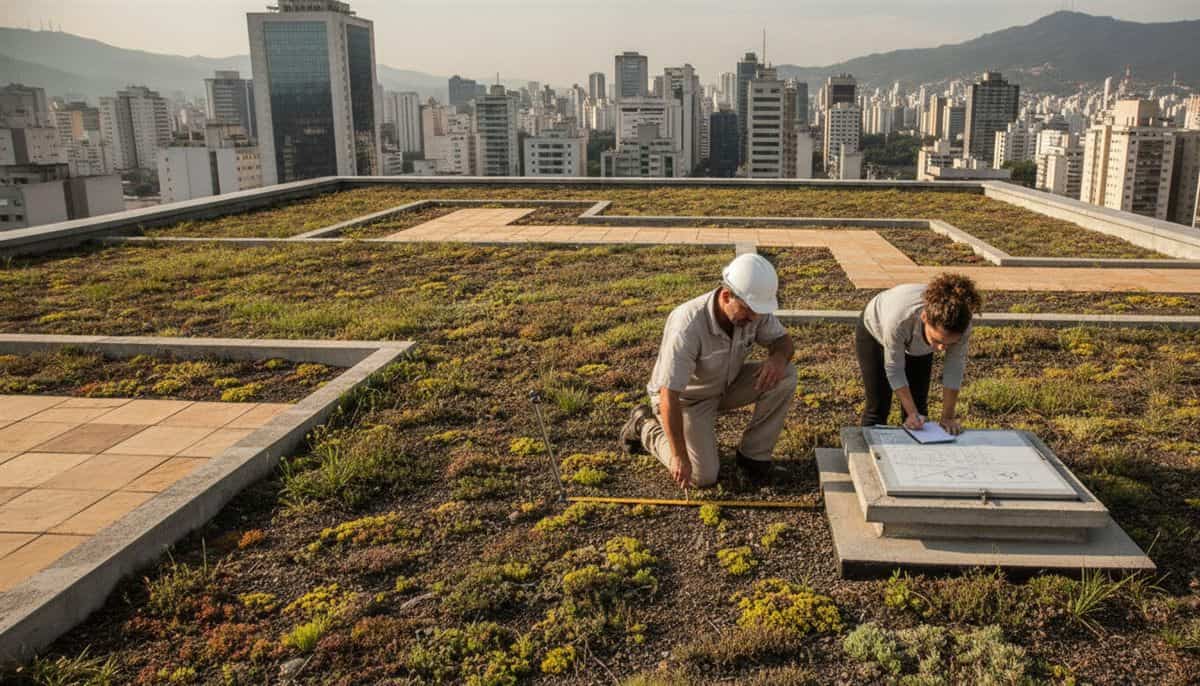 Inspetor avaliando um telhado verde comercial conforme as normas municipais