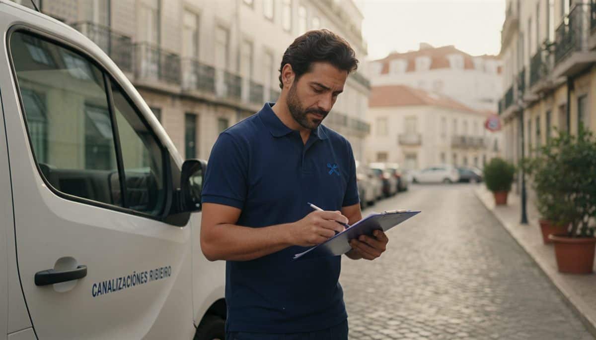 Trabalhador independente a rever um orçamento junto à carrinha comercial numa rua de Lisboa