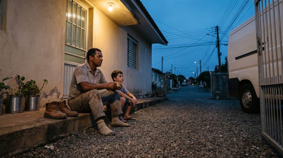 Prestador de serviços brasileiro sentado na entrada de casa ao anoitecer com o filho, botas de trabalho ao lado