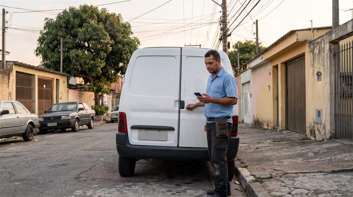 Prestador de serviços brasileiro fechando a van de trabalho e conferindo a ordem de serviço no celular em rua residencial