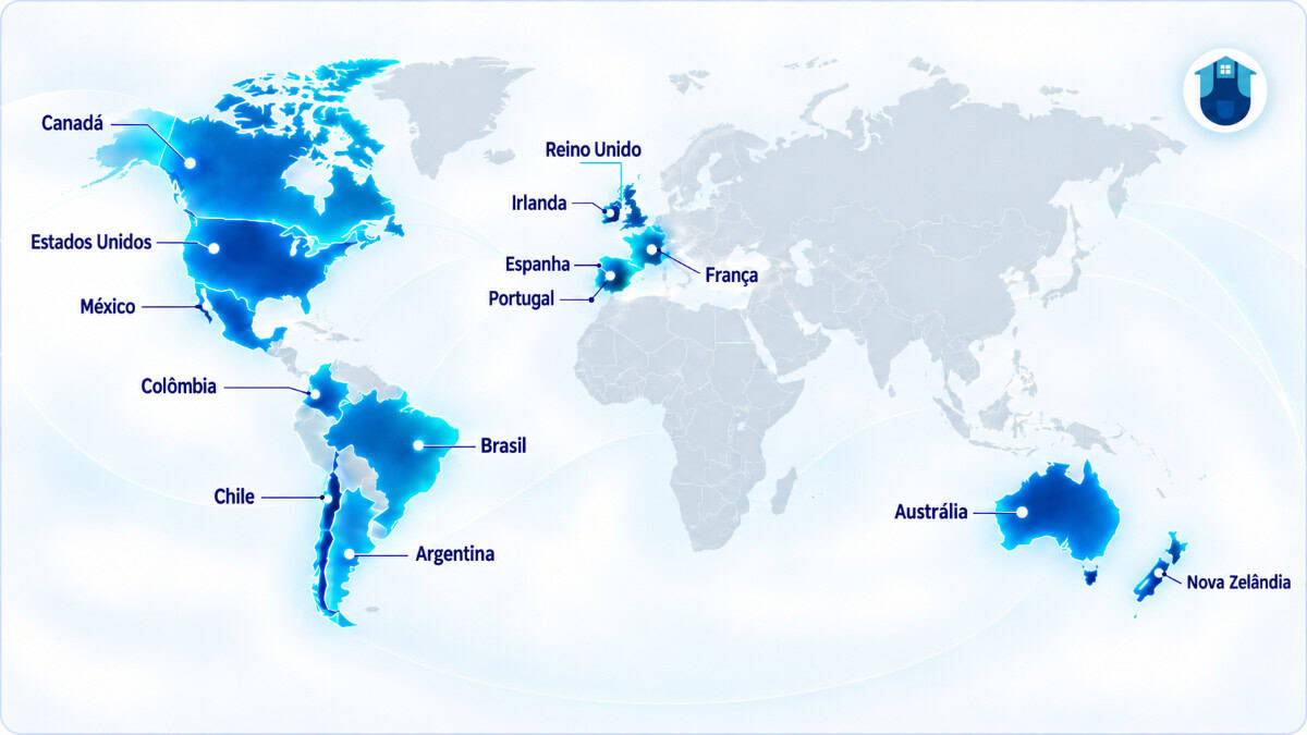 Mapa-múndi destacando a presença internacional da SendWork em diversos países.