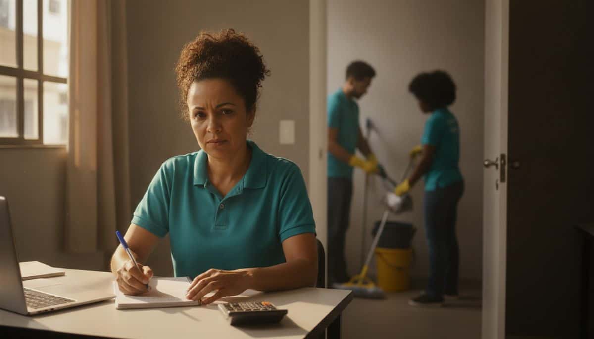 Dona de pequena empresa de limpeza fazendo contas no escritório enquanto dois funcionários guardam o material ao fundo